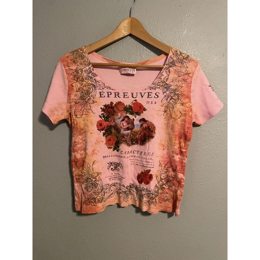 Vintage Confetti T Shirt Womens XL Pink Floral Angel Rhinestone Romantic Y2K